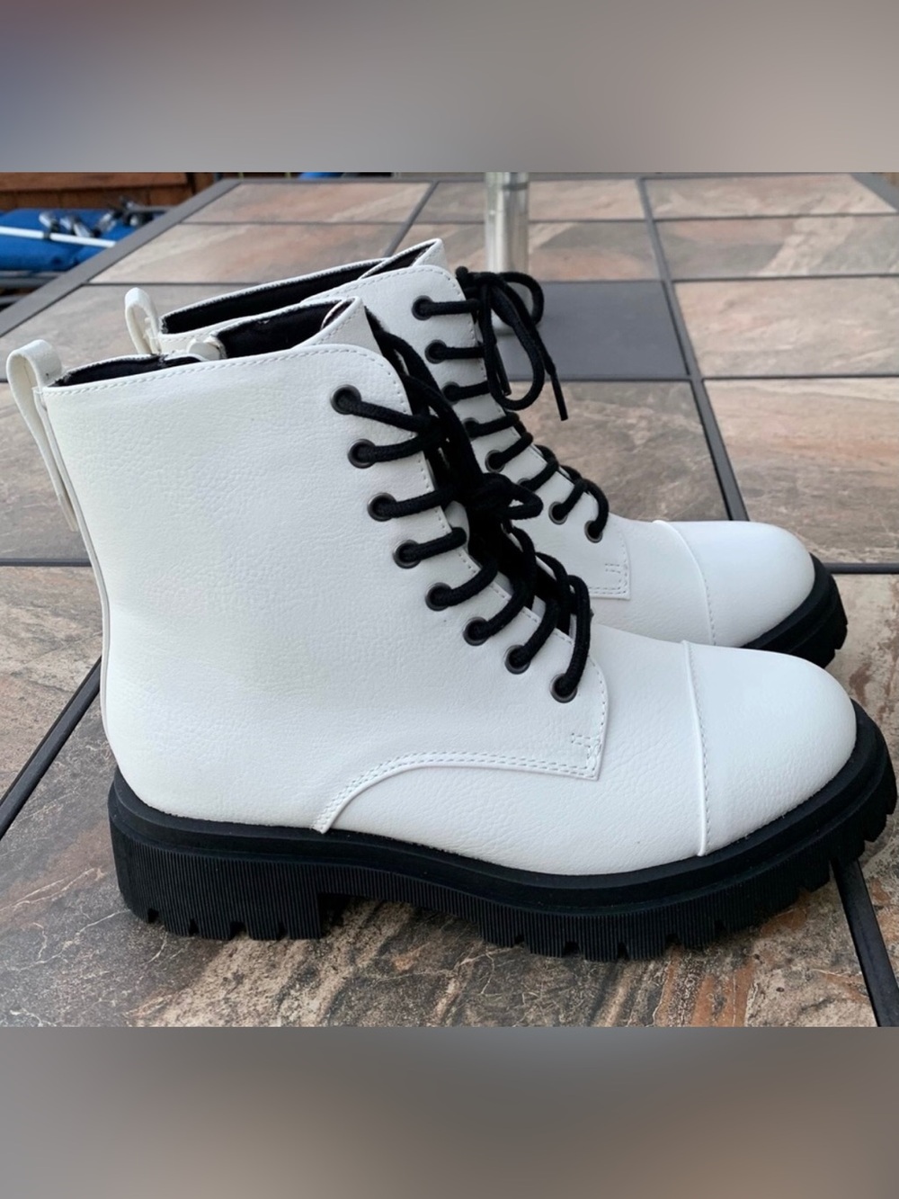 NEW White  Lace-Up Combat Boots with Black Sole